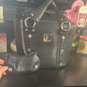 MCM Black Leather Tote with Silver Accents
